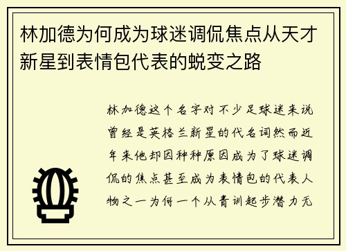 林加德为何成为球迷调侃焦点从天才新星到表情包代表的蜕变之路